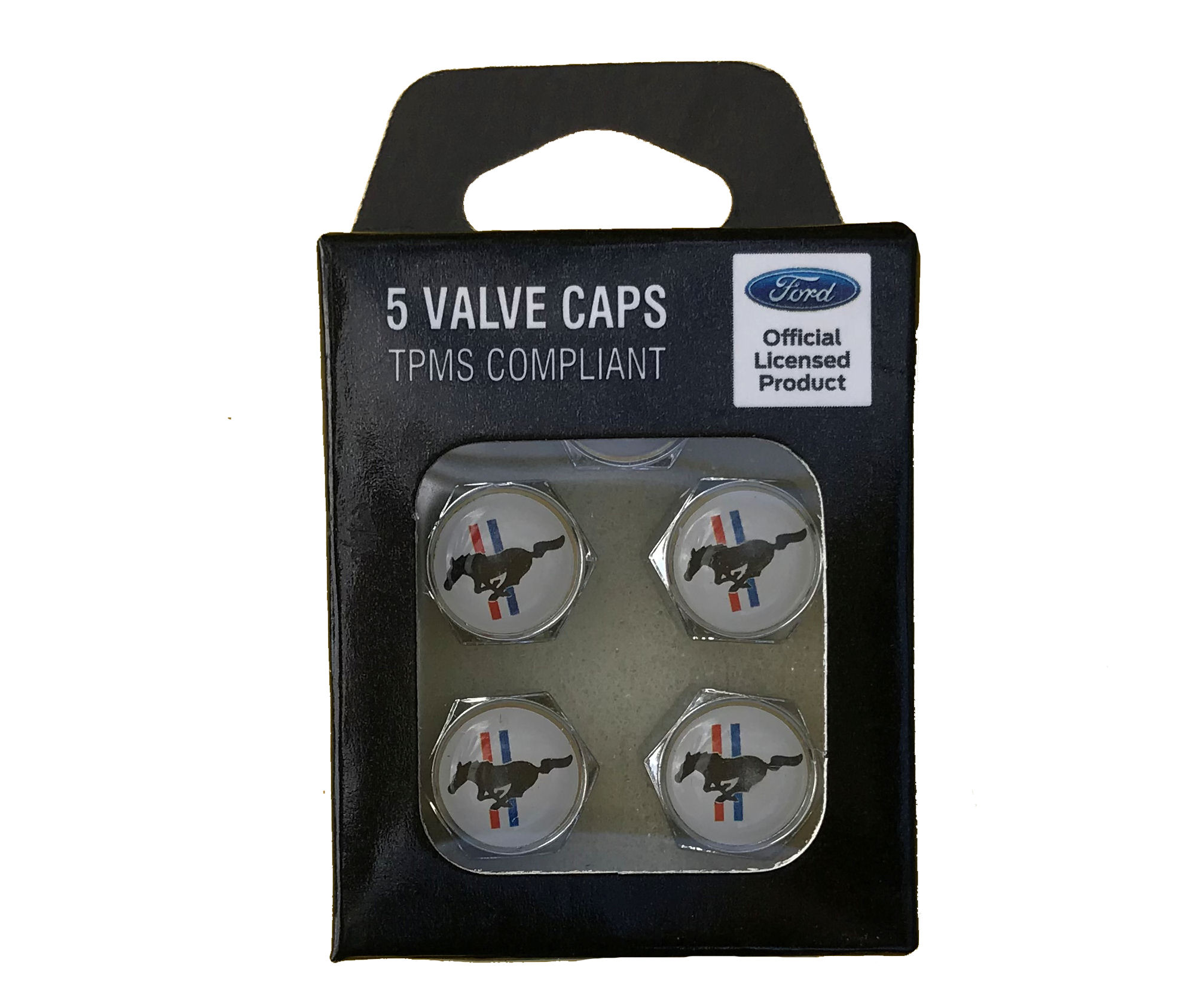 Ford Mustang with 3 Color Bar Valve Caps with Box